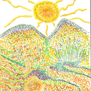 brightly colored with dots and designs mountain landscape with sun