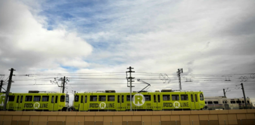 light rail with blue sky and clouds