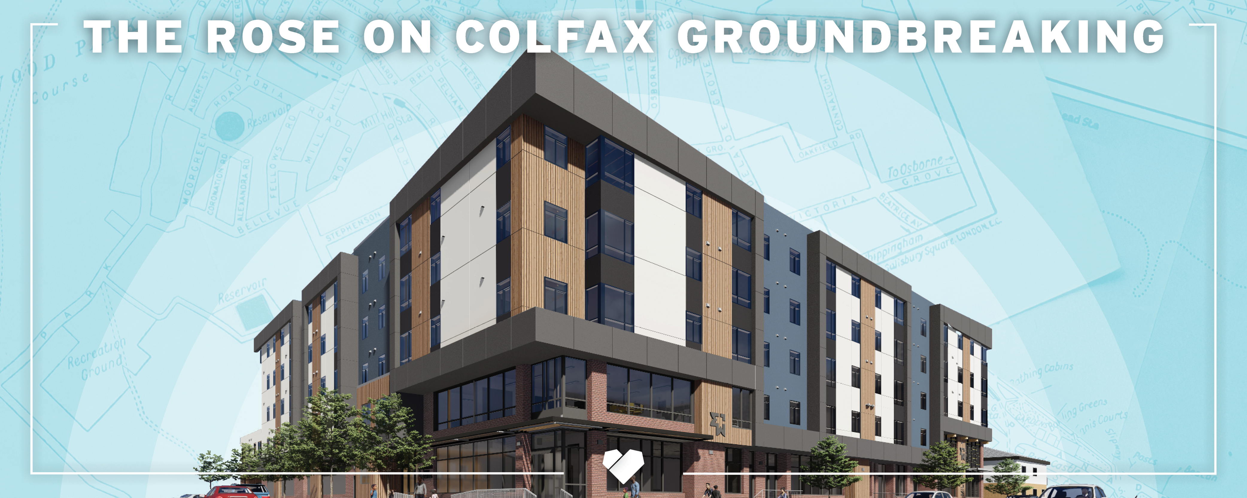 A rendering of the Rose on Colfax building with the caption "The Rose on Colfax Groundbreaking"